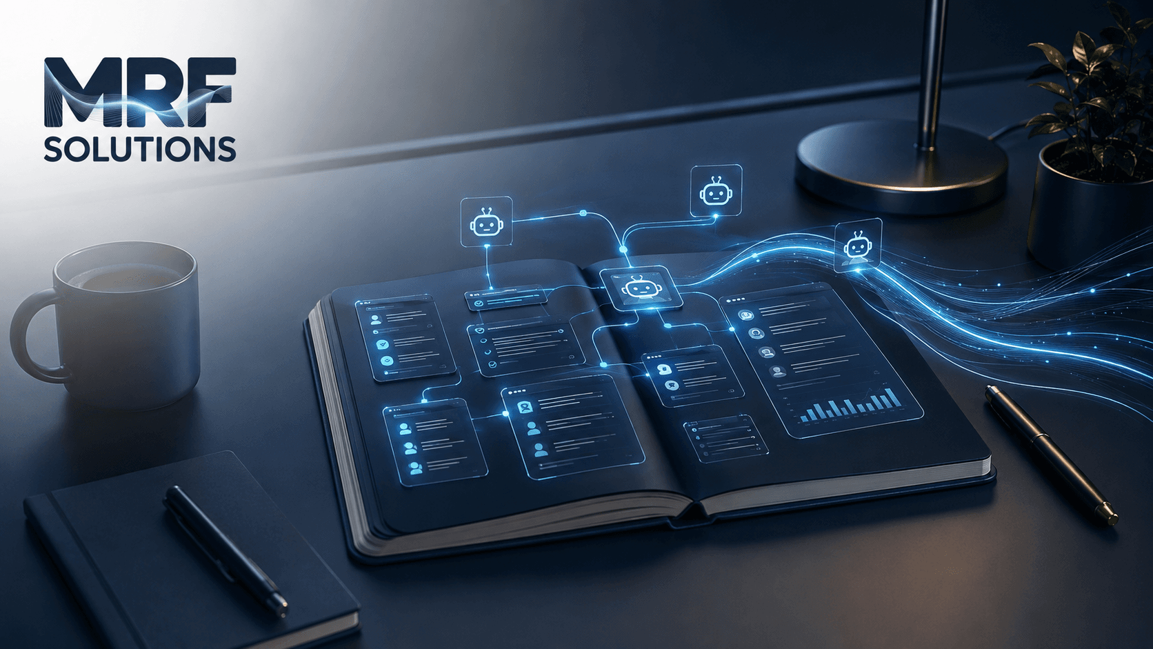 Arte corporativa sobre agentes de IA conectando processos, sistemas e automação empresarial.