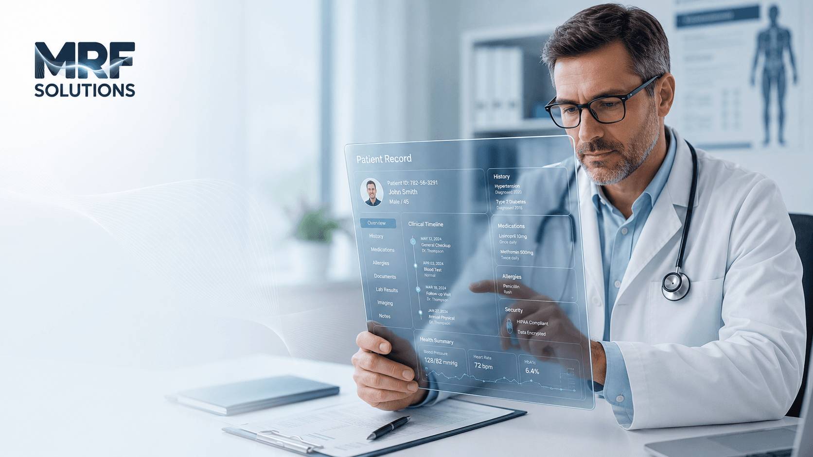 Profissional de saúde analisando prontuário digital inteligente com dados clínicos, histórico do paciente e elementos de segurança.