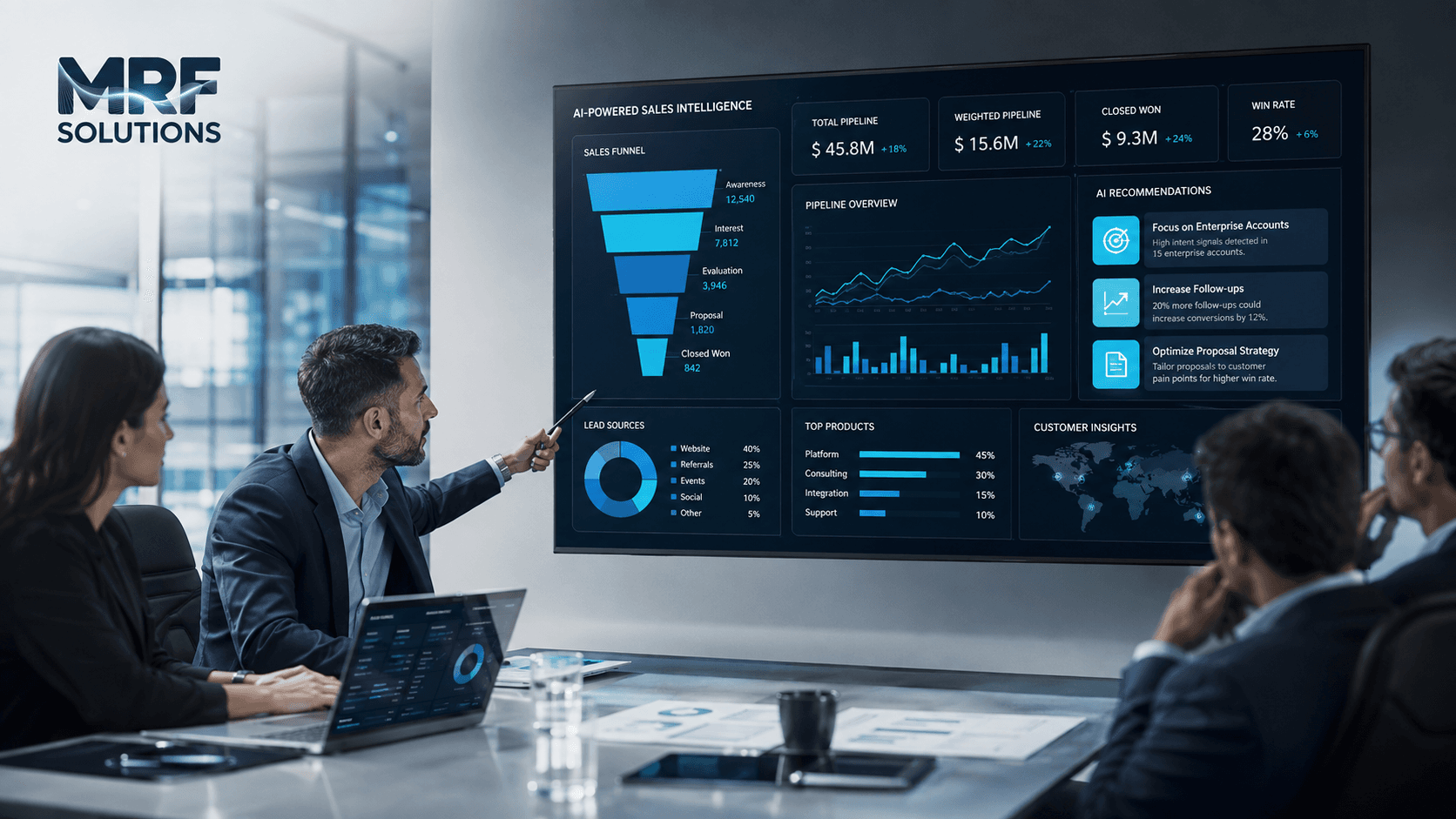 Equipe comercial analisando dashboard de vendas com funil, leads, gráficos de conversão e recomendações de inteligência artificial.
