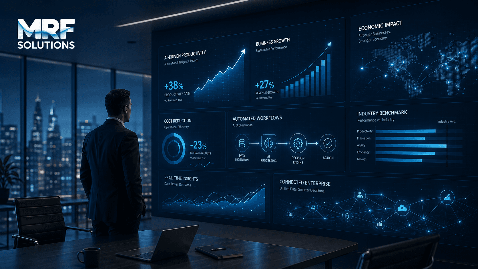 Dashboard executivo com gráficos de produtividade, indicadores econômicos, fluxos automatizados e dados empresariais conectados.