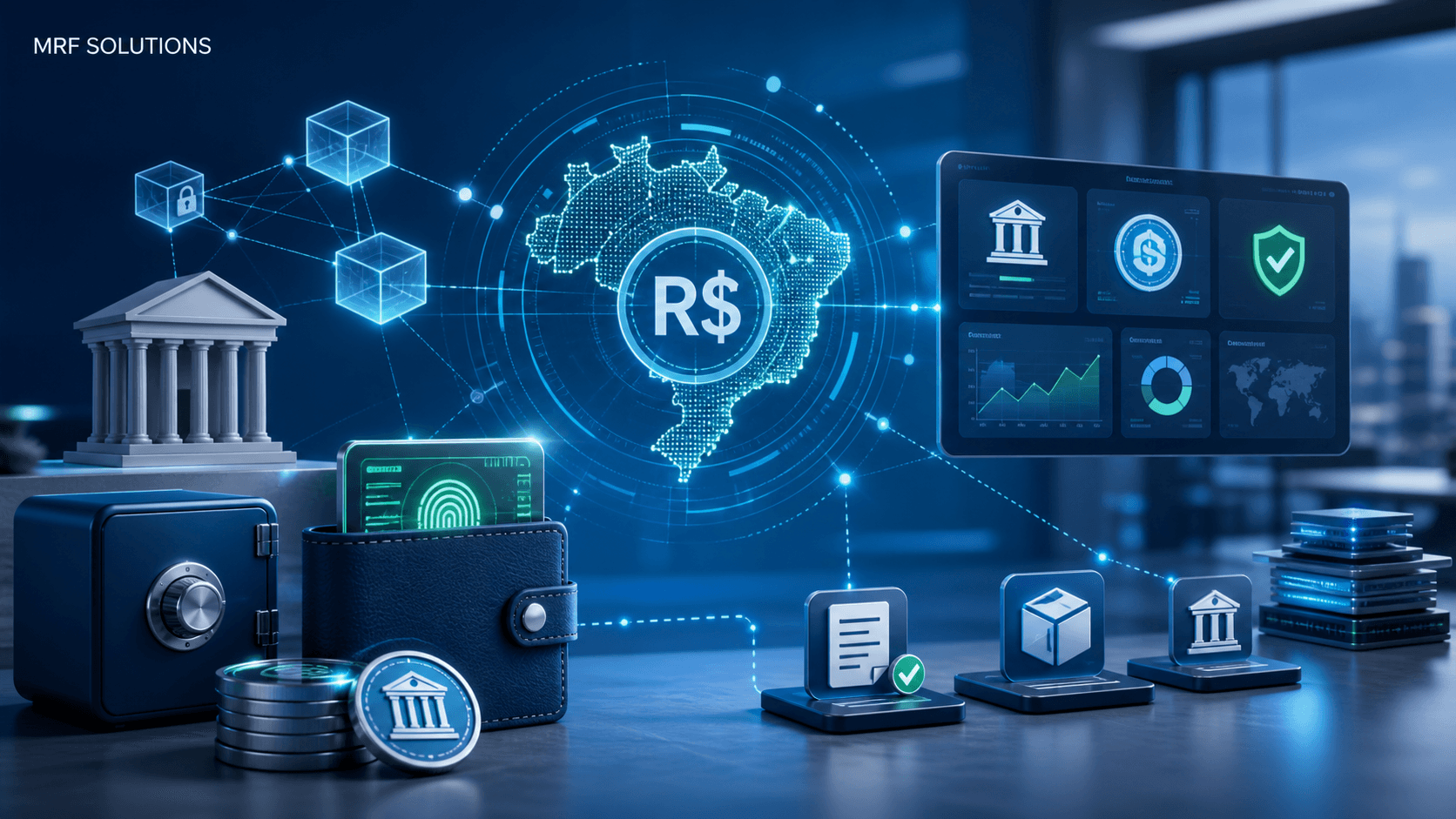 Arte corporativa da MRF Solutions sobre criptomoedas, criptoativos, CBDC, blockchain, carteira digital e segurança financeira.