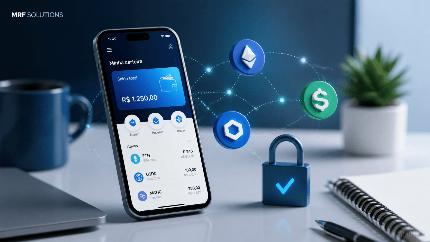 Arte corporativa da MRF Solutions sobre carteira digital, criptomoedas, segurança e educação financeira para iniciantes.