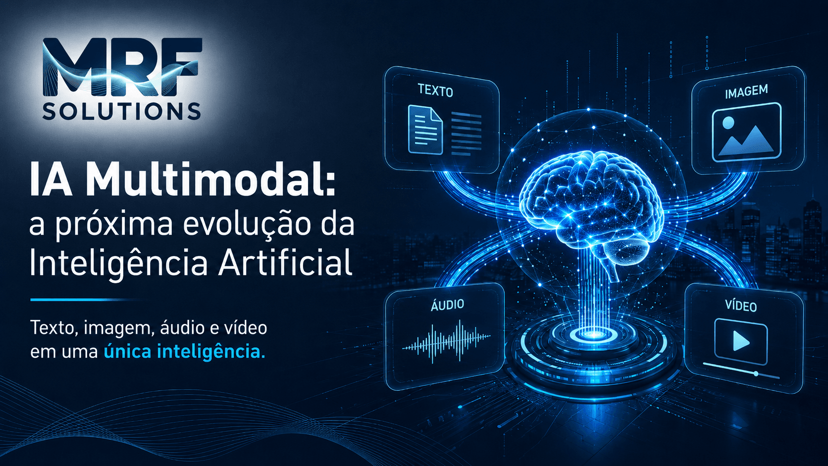 Arte da MRF Solutions sobre IA multimodal conectando texto, imagem, áudio e vídeo em uma única inteligência.